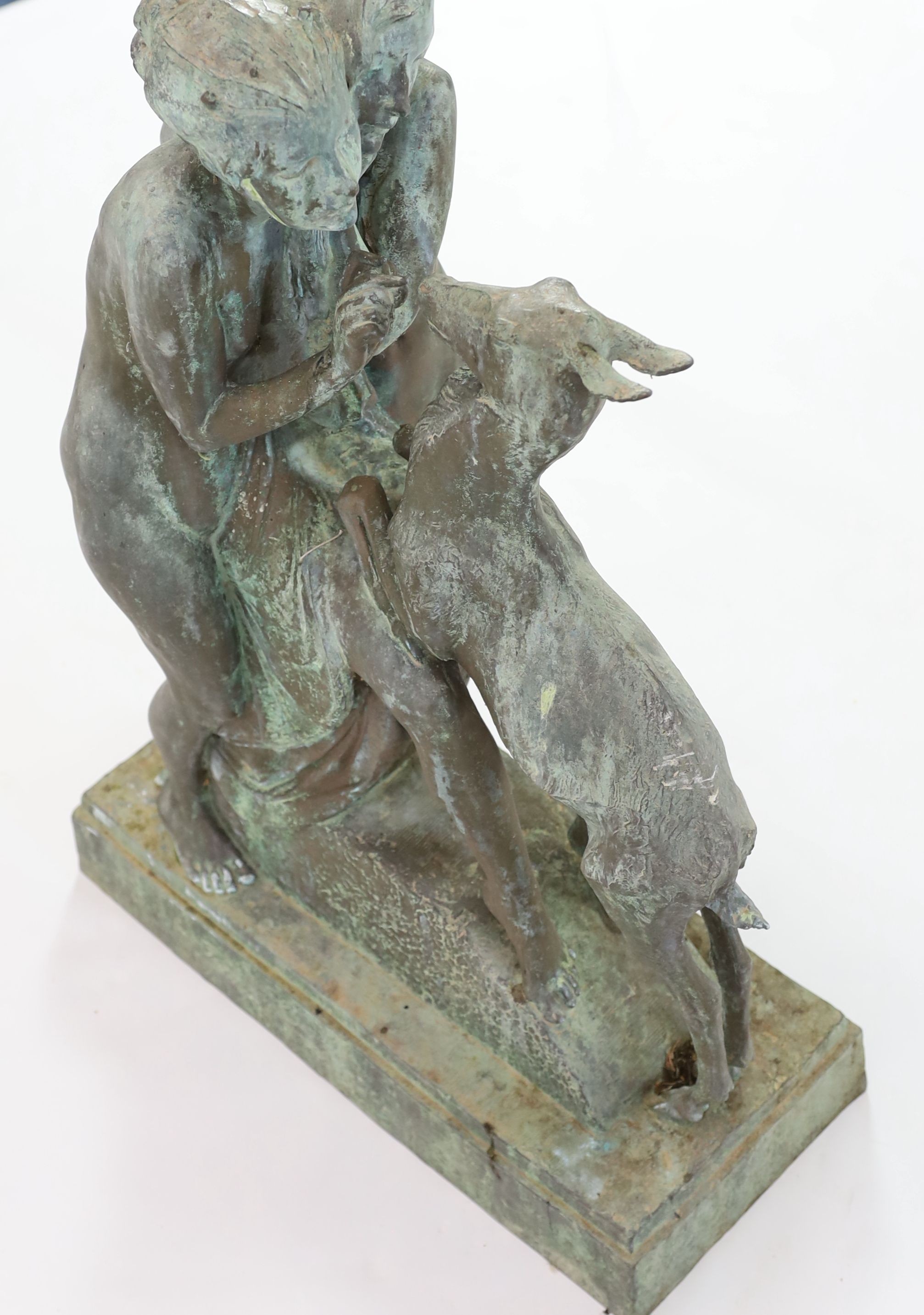 Ferdinand Victor Blundstone (1882-1951). An early 20th century bronze group of a woman and nymph feeding a doe, width 60cm depth 26cm height 87cm